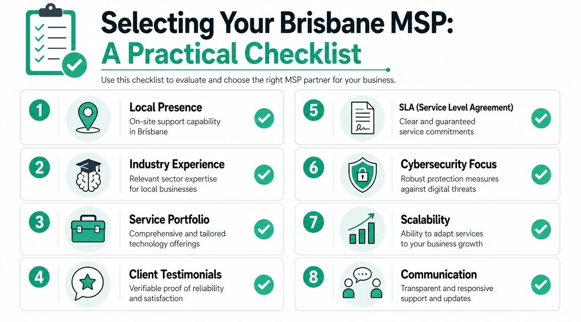 What Is An Msp Provider? Your 2026 Guide 3 A Checklist Infographic Outlining Key Factors To Consider When Selecting An It Managed Service Provider In Brisbane.