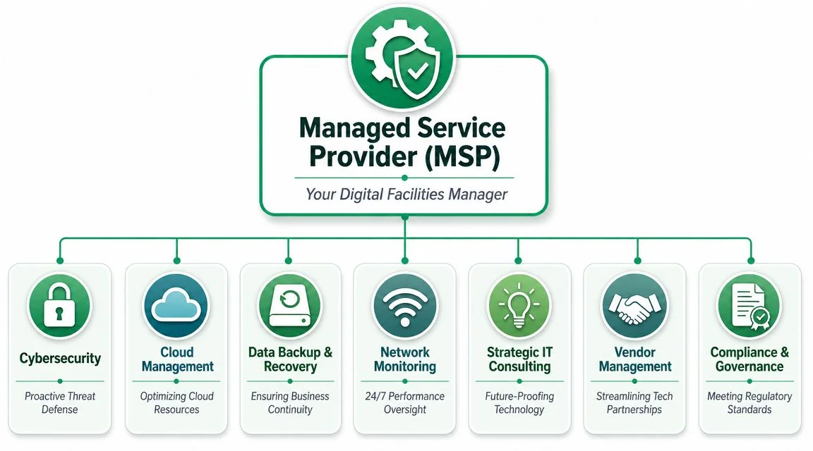 What Is An Msp Provider? Your 2026 Guide 2 A Diagram Outlining The Seven Core Service Pillars Provided By A Managed Service Provider (Msp).