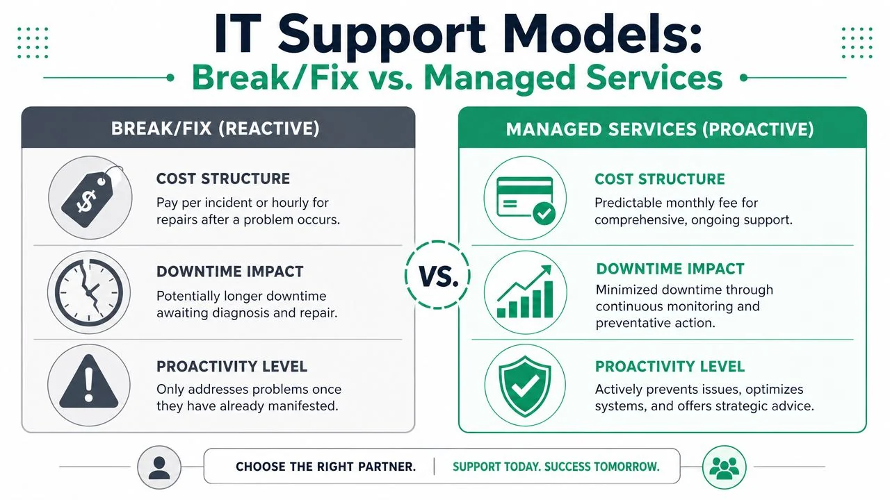 What Is It Support: A Guide For Smbs In 2026 3 A Comparison Infographic Between The Reactive Break-Fix It Support Model And The Proactive Managed Services Model.