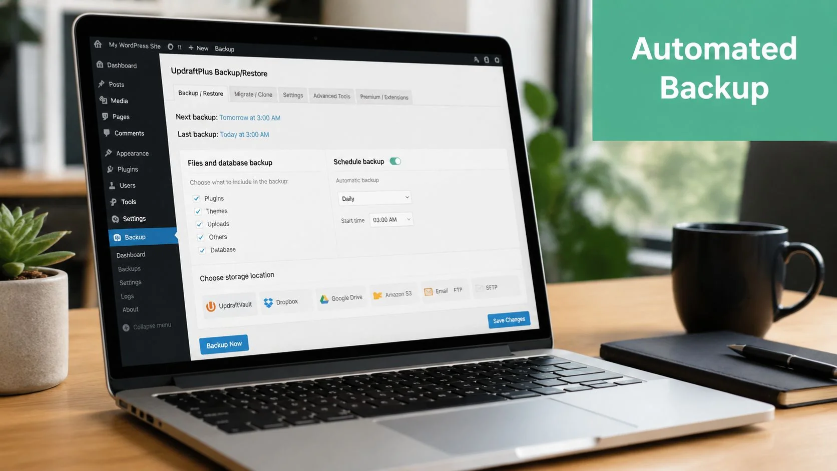 Wordpress Backup And Restore: A 2026 Guide For Businesses 2 A Laptop On A Desk Showing The Updraftplus Wordpress Plugin Dashboard For Scheduling Automated Website Backups.