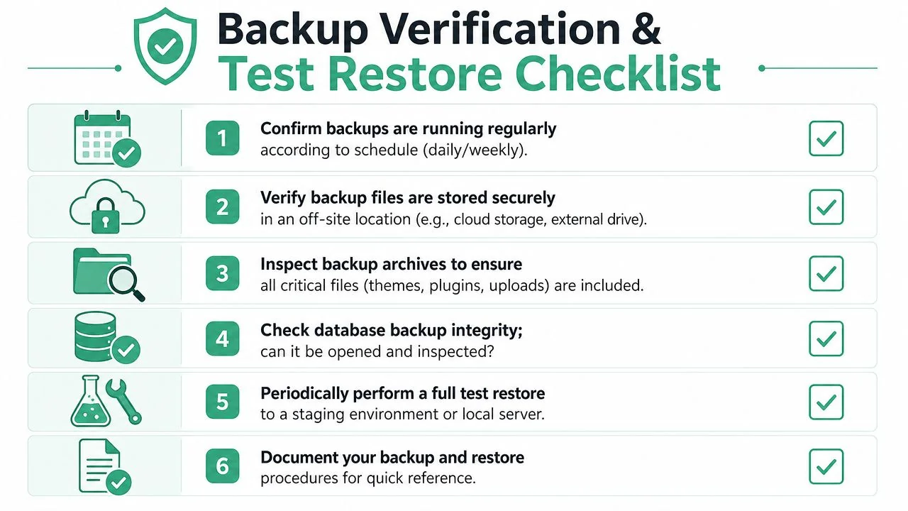 Wordpress Backup And Restore: A 2026 Guide For Businesses 4 A Six-Step Checklist For Verifying And Testing Website Backups To Ensure Data Safety And Restoration Success.