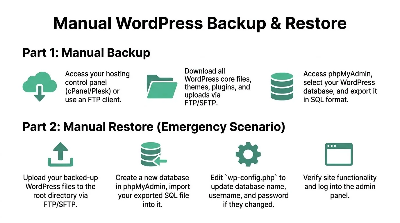Wordpress Backup And Restore: A 2026 Guide For Businesses 3 A Visual Guide Illustrating The Essential Steps For Performing A Manual Wordpress Website Backup And Restoration Process.