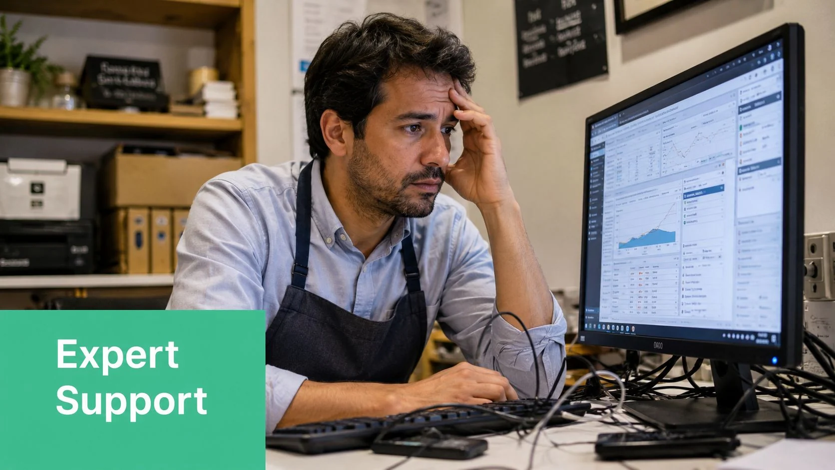 Wordpress Backup And Restore: A 2026 Guide For Businesses 5 A Concerned Business Owner Looking At Website Data And Analytics On His Desktop Computer Screen.
