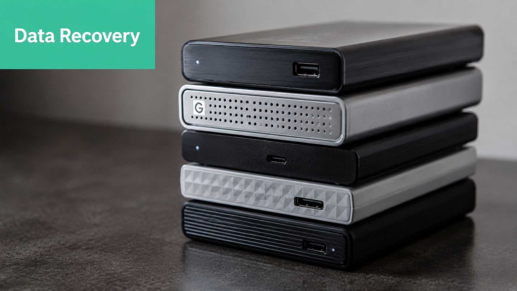 Wordpress Security Hardening: A Guide For Brisbane Smbs 5 A Stack Of Five Portable External Hard Drives Of Different Textures And Colors Sitting On A Table.