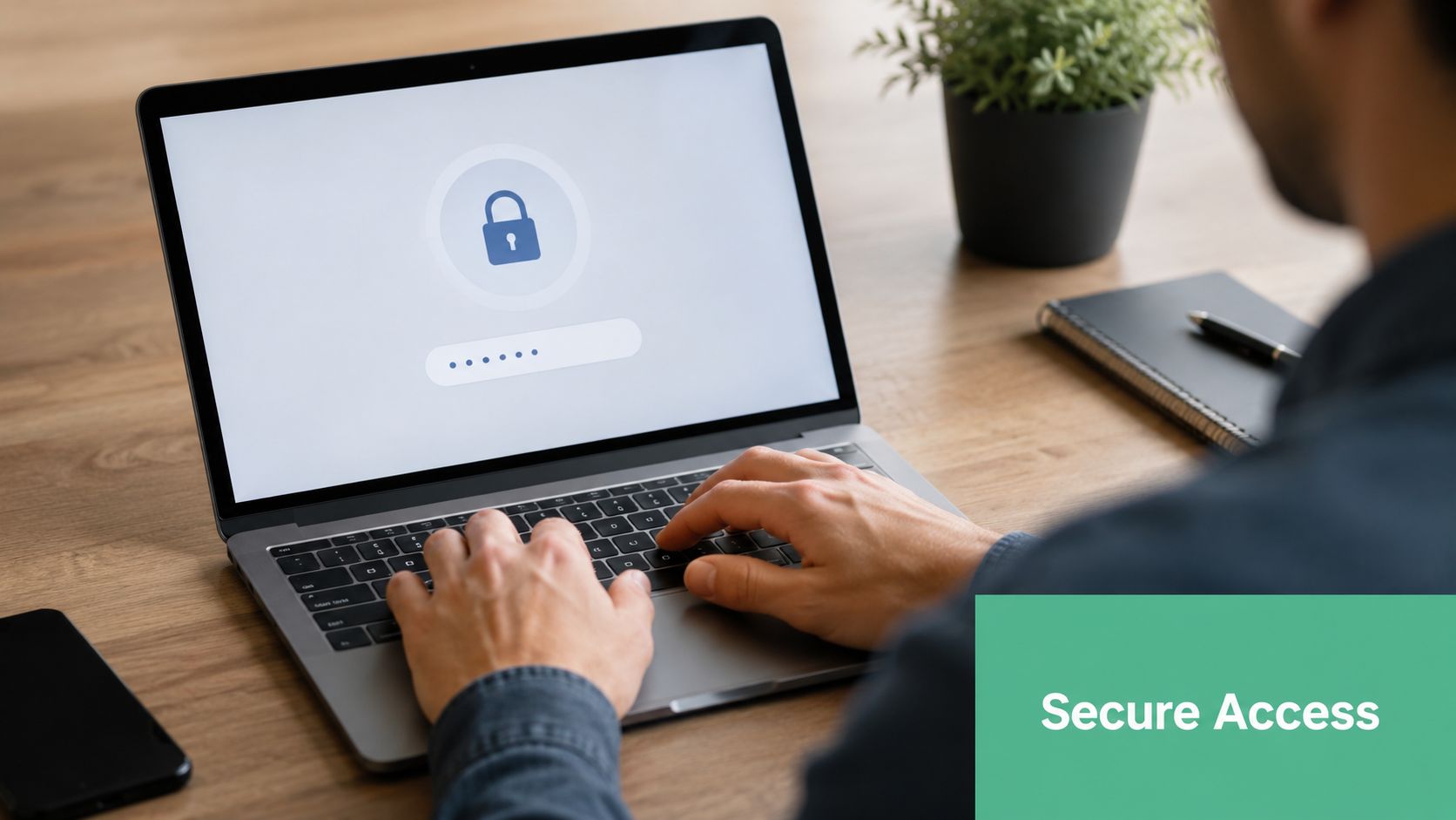 Wordpress Security Hardening: A Guide For Brisbane Smbs 4 A Person Using A Laptop With A Secure Lock Screen Icon Displayed While Working At A Desk.