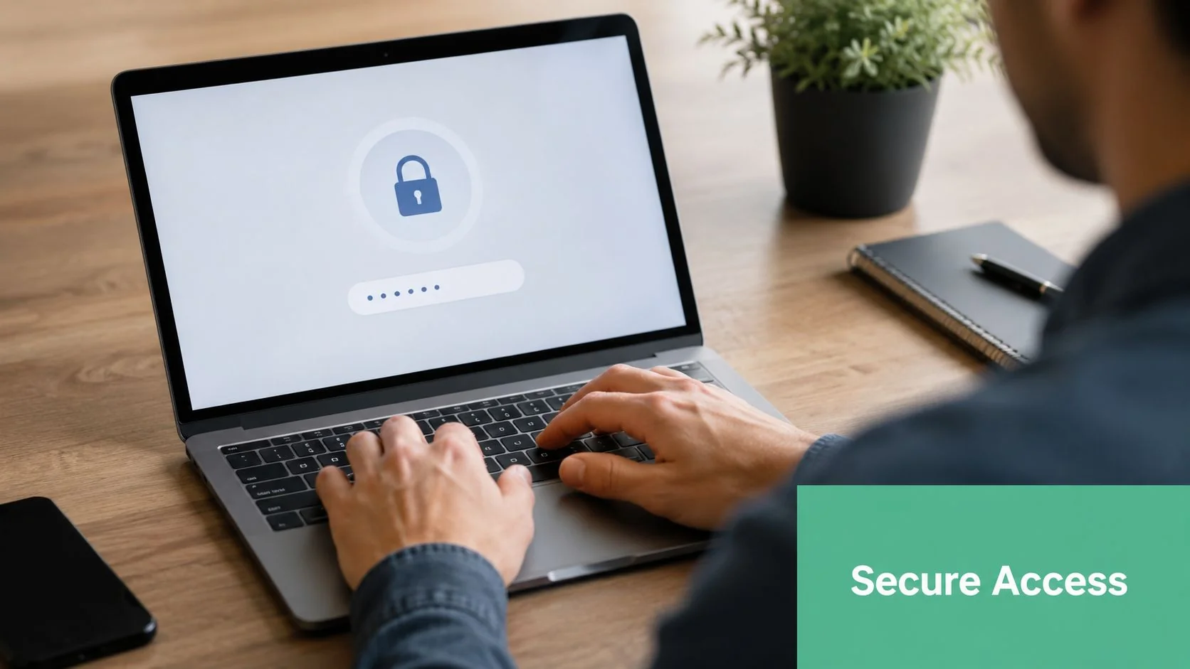 Wordpress Security Hardening: A Guide For Brisbane Smbs 4 A Person Using A Laptop With A Secure Lock Screen Icon Displayed While Working At A Desk.