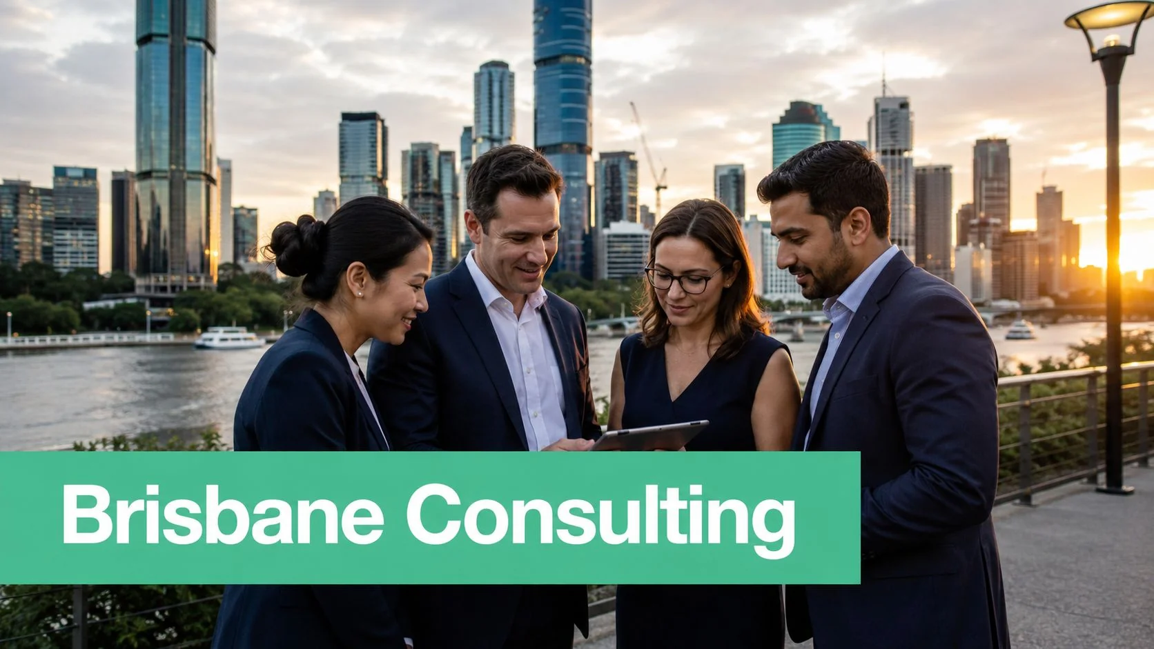 Computer Security Consultant: A Brisbane Smb Guide For 2026 4 A Diverse Team Of Business Consultants Reviewing A Digital Tablet Overlooking The Brisbane Cityscape During Sunset.