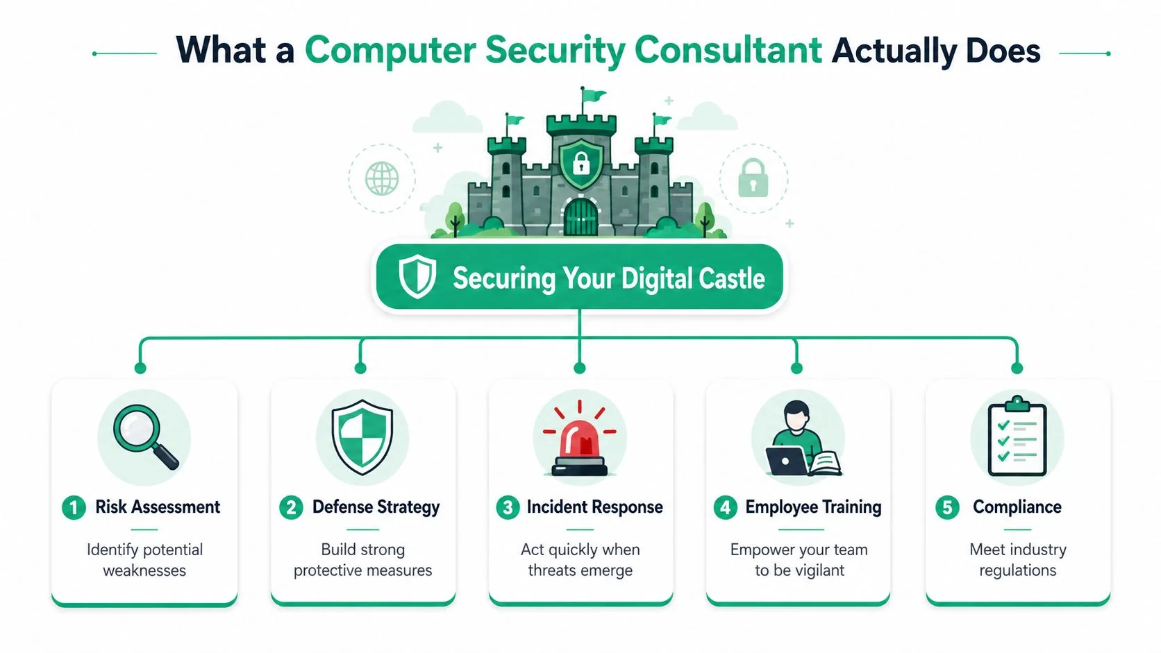Computer Security Consultant: A Brisbane Smb Guide For 2026 2 A Diagram Illustrating The Five Core Responsibilities Of A Computer Security Consultant For Protecting Digital Business Assets.