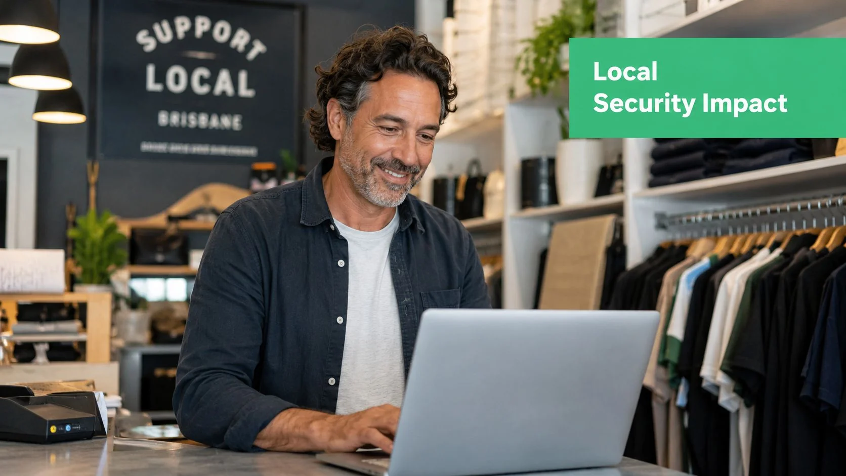 Computer Security Consultant: A Brisbane Smb Guide For 2026 5 A Smiling Male Store Owner Working On A Silver Laptop Inside A Retail Clothing Boutique.