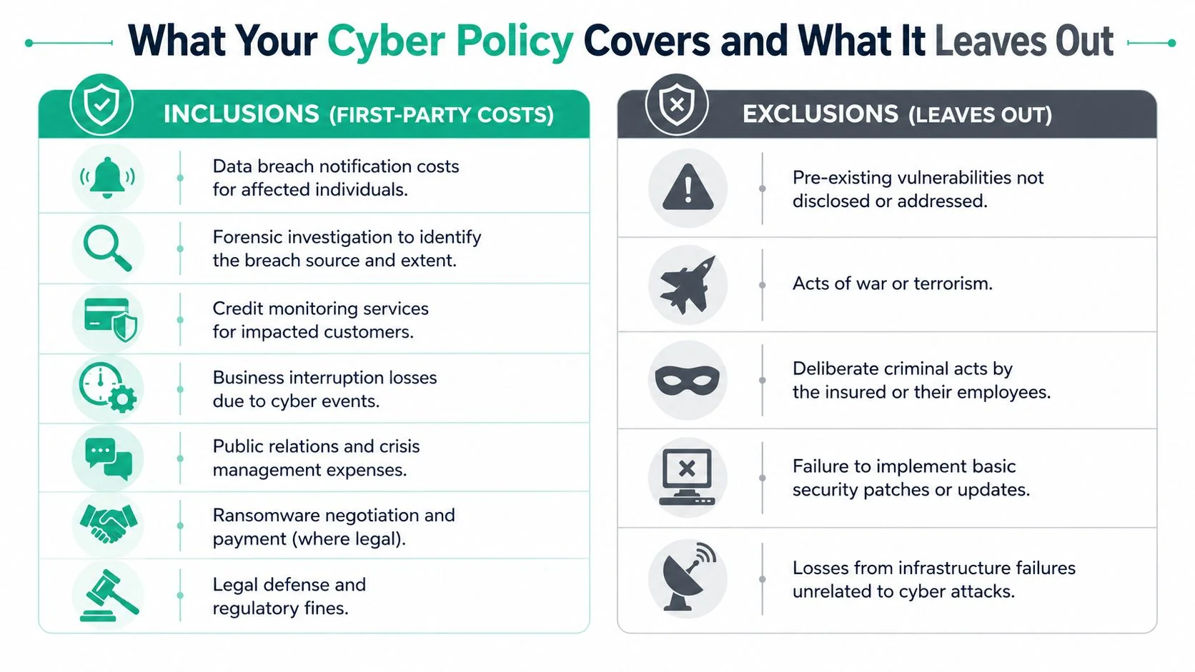 Cyber Liability Insurance: Your 2026 Business Guide 3 A Comparison Chart Showing Typical Inclusions And Exclusions Of A Business Cyber Liability Insurance Policy.