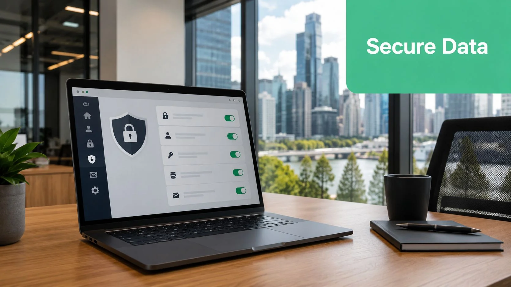 Master Intune Device Management For Brisbane Smbs 4 A Laptop On A Wooden Desk Displaying A Secure Data Settings Dashboard With A City Skyline View.