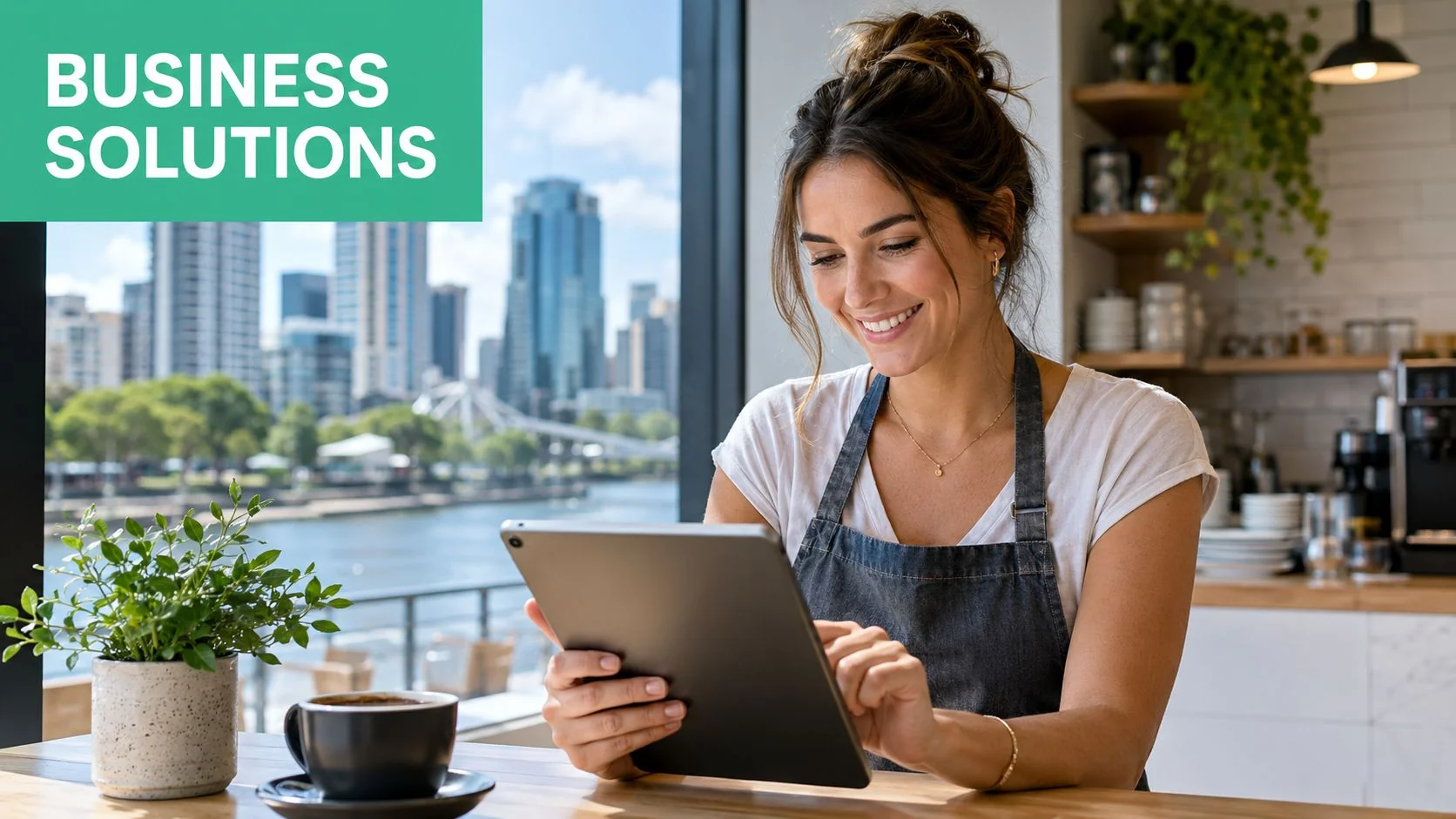 Web Hosting For Business: Your 2026 Guide 4 A Female Small Business Owner Wearing An Apron Uses A Tablet In A Cafe By A Window.