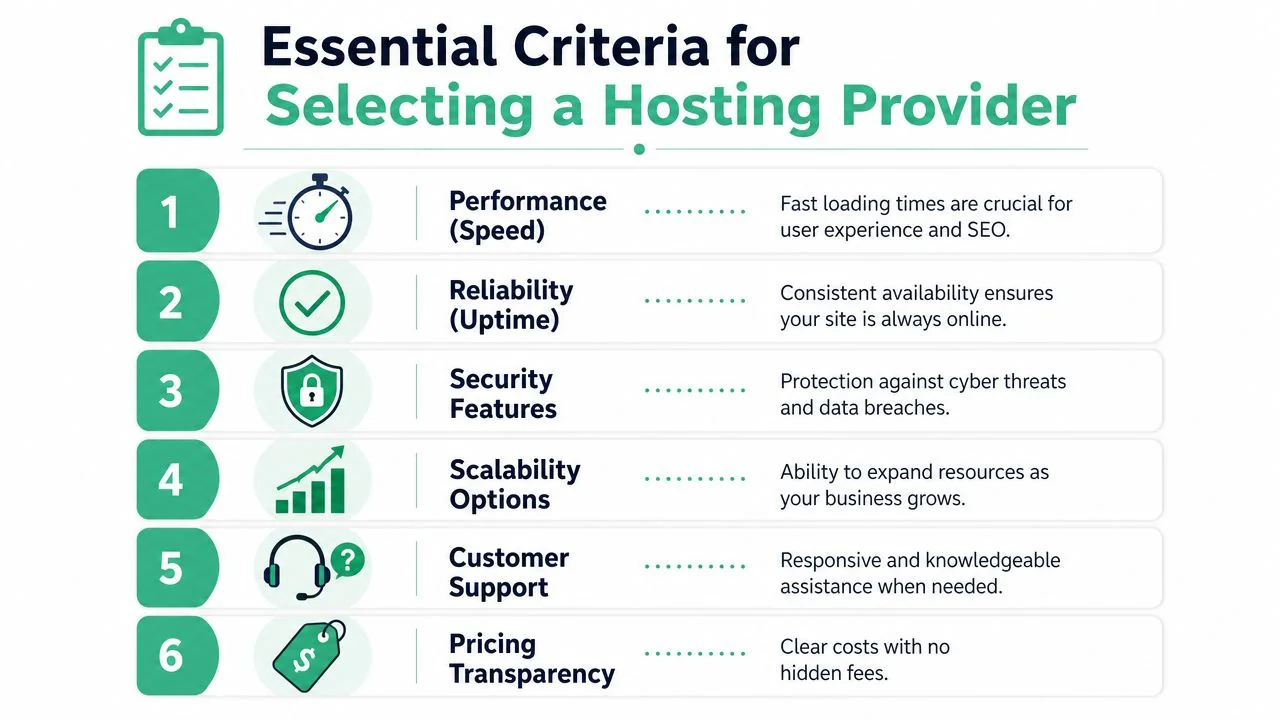 Web Hosting For Business: Your 2026 Guide 3 A Checklist Infographic Outlining The Six Essential Criteria For Selecting A Reliable Web Hosting Provider For Businesses.
