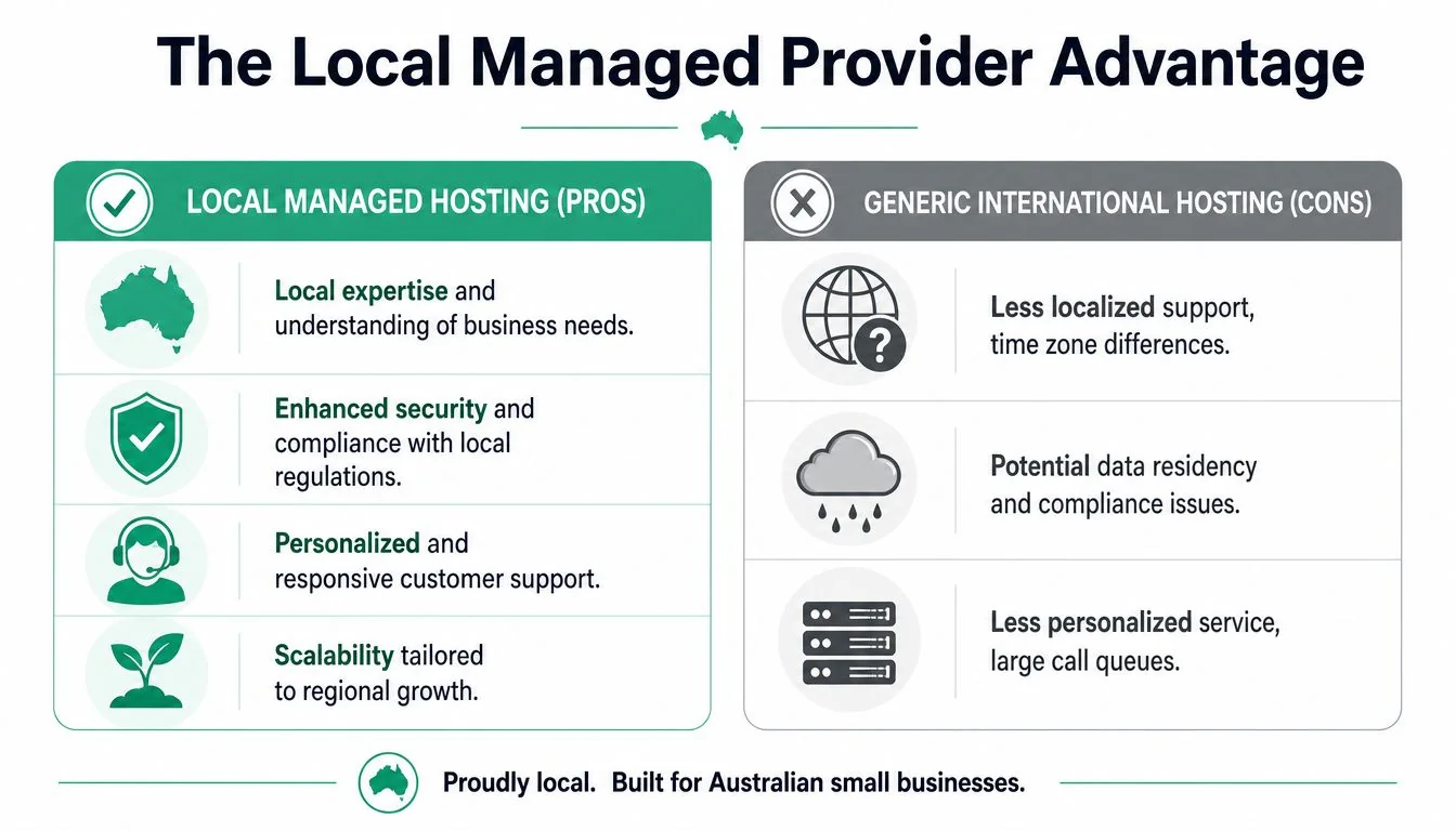 Web Hosting For Business: Your 2026 Guide 5 A Comparison Table Between Local Managed Hosting And Generic International Hosting Services For Australian Businesses.